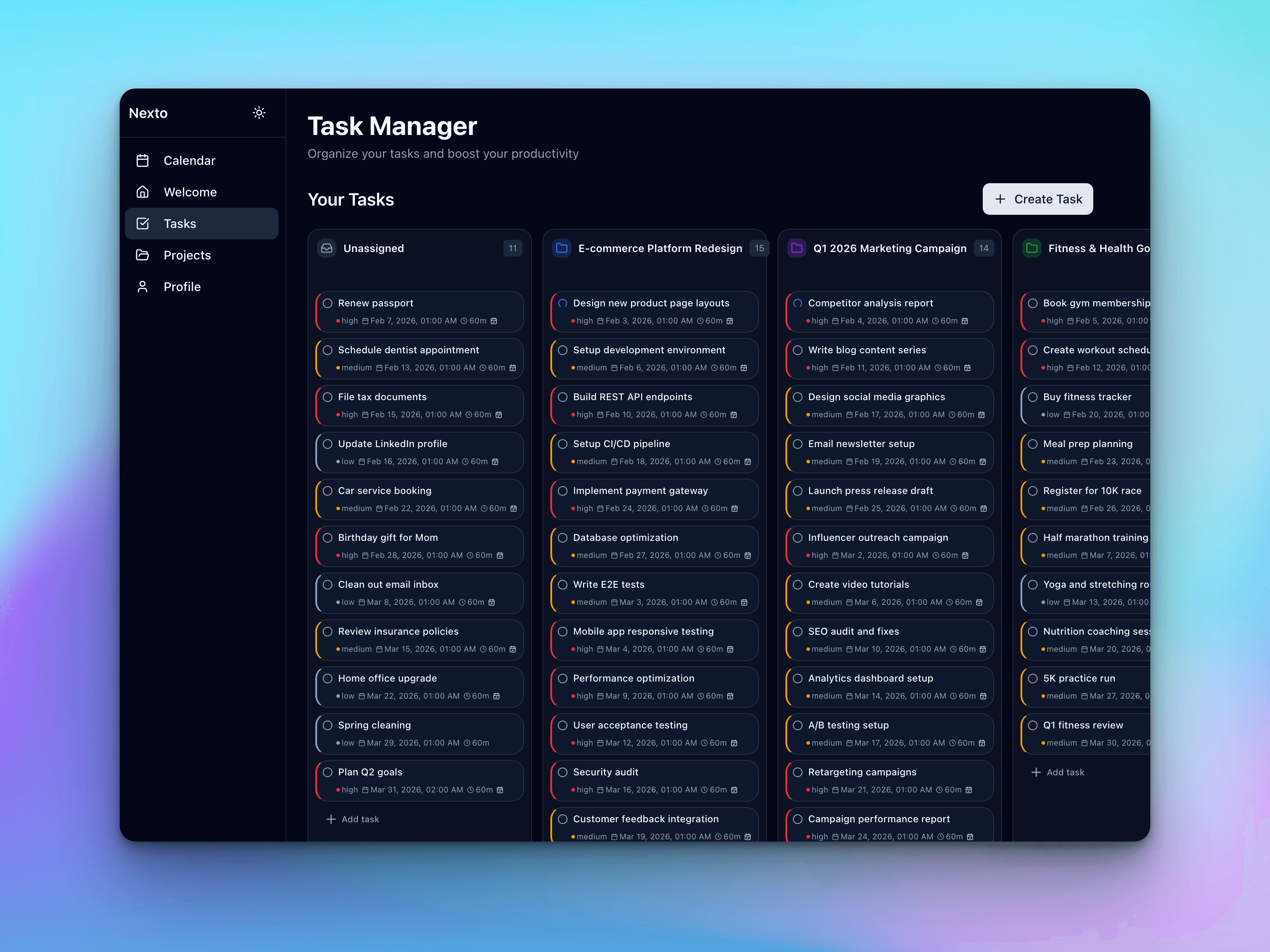 Nexto task list with deadlines, estimates and priorities